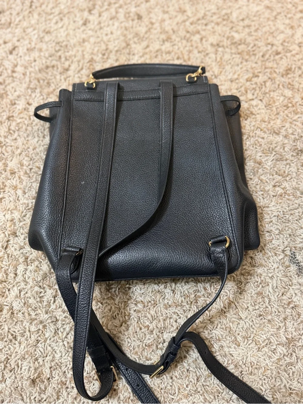 Tory Burch Black Pebbled Leather Backpack with Logo Flap